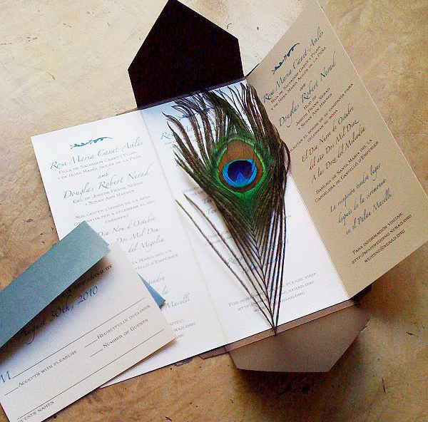 peacock feather wedding invitation trifold